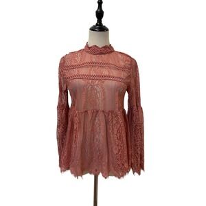 Lace Blouse Dusty Rose Flare Sleeve Sz S Boho Romantic Cottagecore Fairy Whimsy
